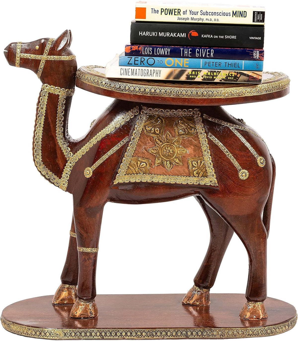 Hand Carved Dark Brown Wooden Elephant Side Table with Brass Accents W609941