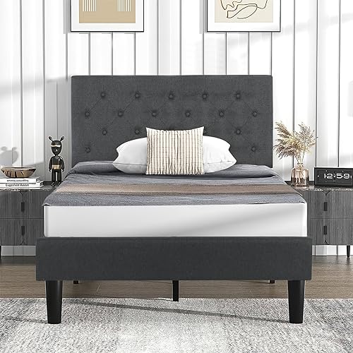 Grey Twin Size Upholstered Platform Bed Frame with Headboard O824938