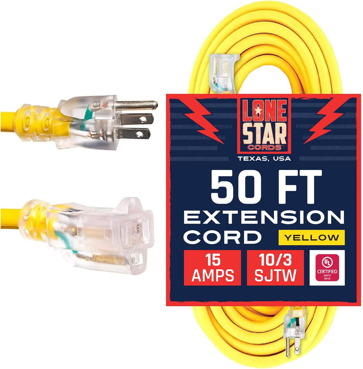 100 Foot 10/3 SJTW Lighted Extension Cord Yellow 3 Prong Grounded Plug 10 Gauge Pack of 2 H760