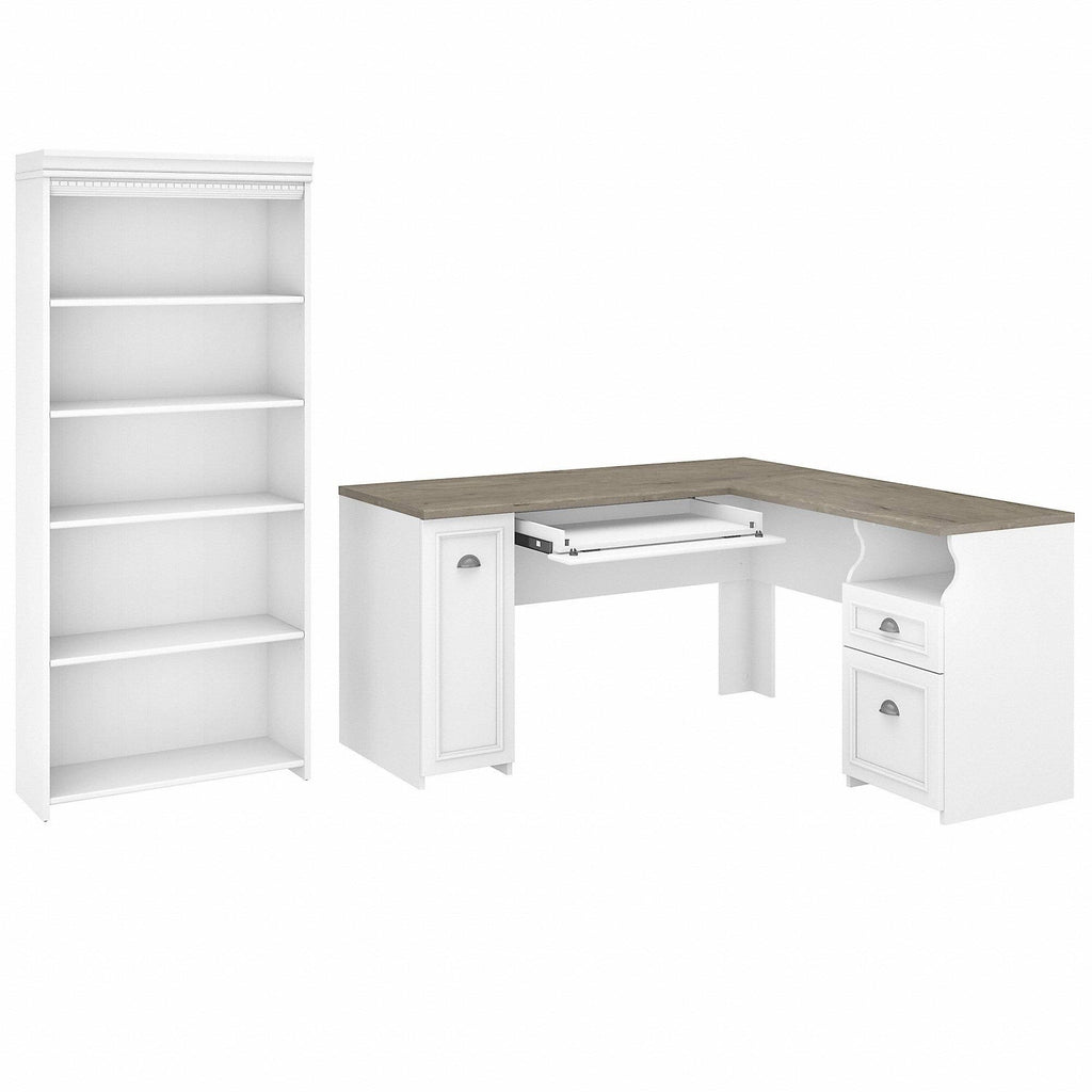 Antique White L-Shaped Desk and 5-Shelf Bookcase A285