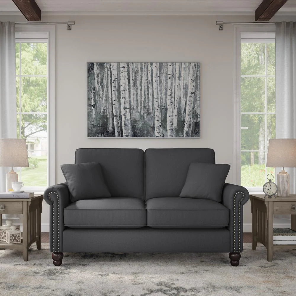 Charcoal Gray Herringbone Fabric Loveseat G14027