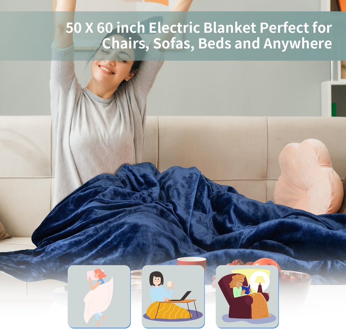 Blue 50" x 60" Flannel Electric Heated Blanket with Hand Controller D99389