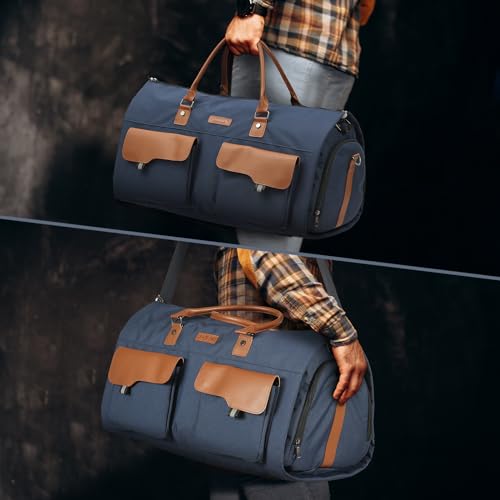 Convertible Garment Bag, Leatheret Carry on Travel Duffel Bag with Shoe Compartment, 2 in 1 Hanging Suit Bag (Brown) I185