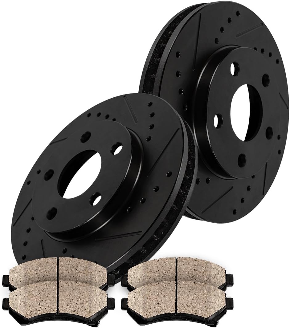 Black Drilled Slotted Brake Disc Rotors + Metallic Brake Pads A3511