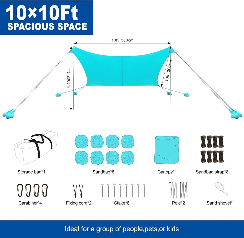 10×10FT Windproof Beach Canopy with 4 Aluminium Pole and 8 Sandbags V88441