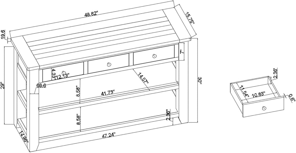 Long Console Table with 3 Storage Drawers and Double Bottom Open Shelves, 50" W x 16" D x 30" H, Brown S490210