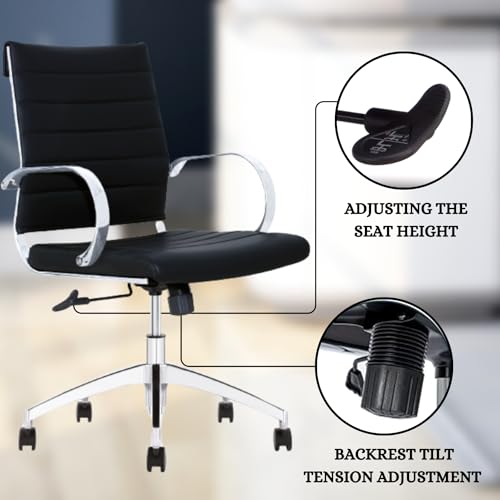Black Ribbed Mid Back Conference Room Chairs with 360 Swivel Rolling Wheels (Pack of 8) G9436