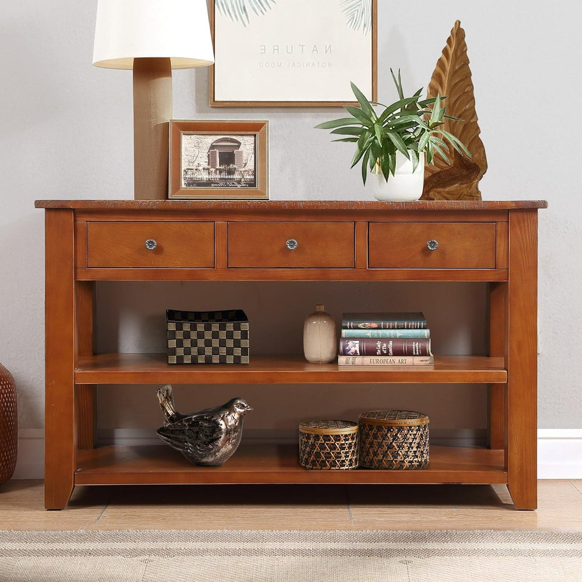 Long Console Table with 3 Storage Drawers and Double Bottom Open Shelves, 50" W x 16" D x 30" H, Brown S490210