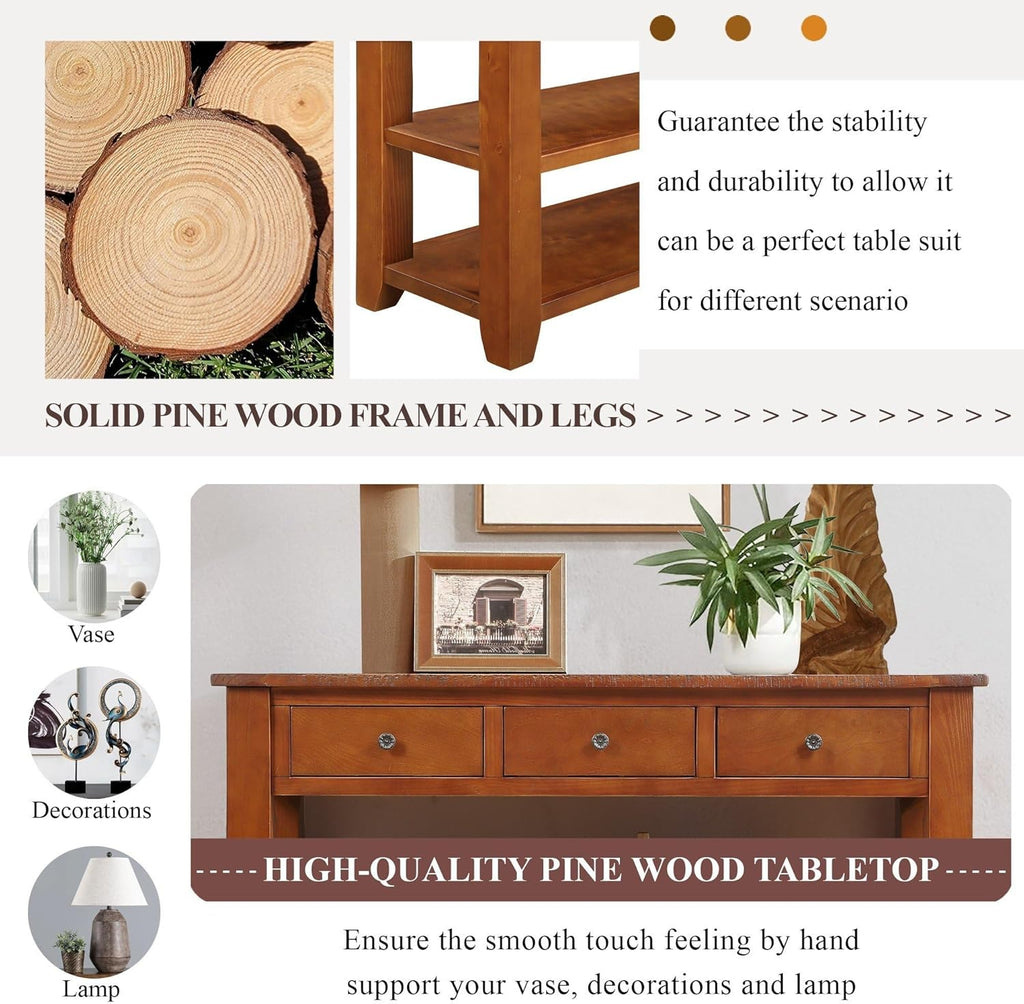 Long Console Table with 3 Storage Drawers and Double Bottom Open Shelves, 50" W x 16" D x 30" H, Brown S490210