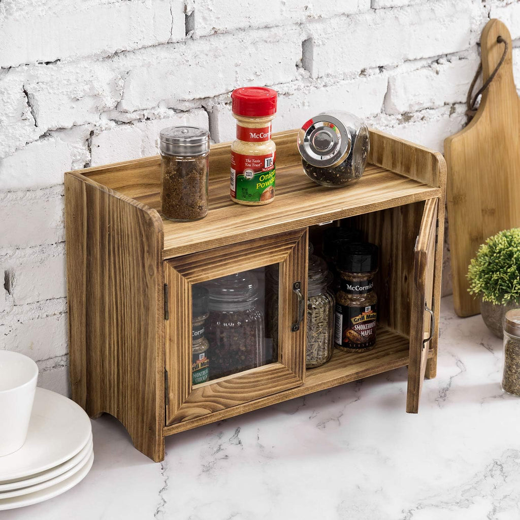 Dark Brown Wood Counter Top Storage Cabinet with Glass Windows S284