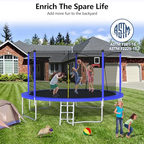 12FT 14FT 15FT 16FT Trampoline with Basketball Hoop, Ladder and Safety Enclosure Net G27864