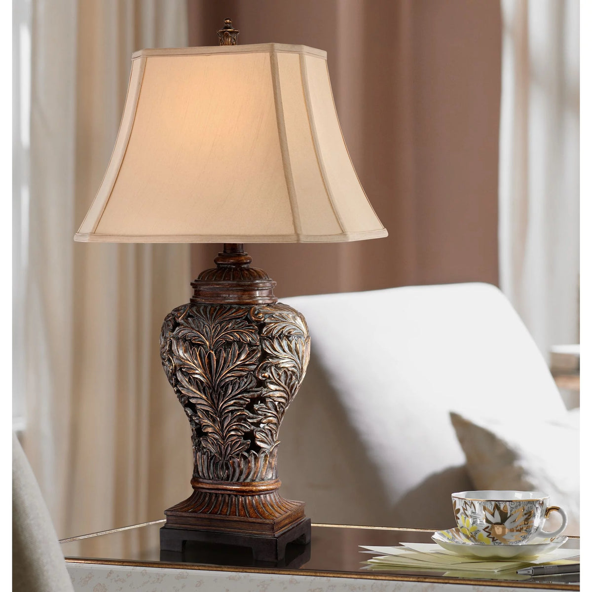 Traditional Table Lamps 32.5" Tall Set of 2 Bronze Tan Rectangular Shade P660