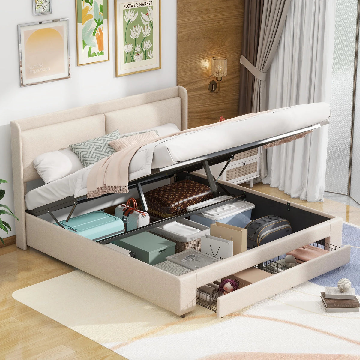 Queen Size Upholstered Platform Bed with Underbed Storage and 2 Drawers Beige N701