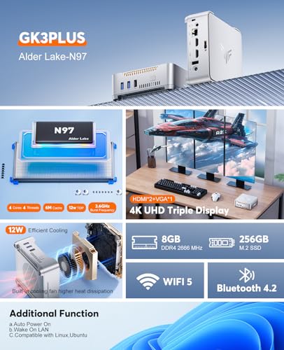 Mini PC with 12th Alder Lake N97 CPU, 8GB RAM, 256GB PCIe M.2 SSD M642