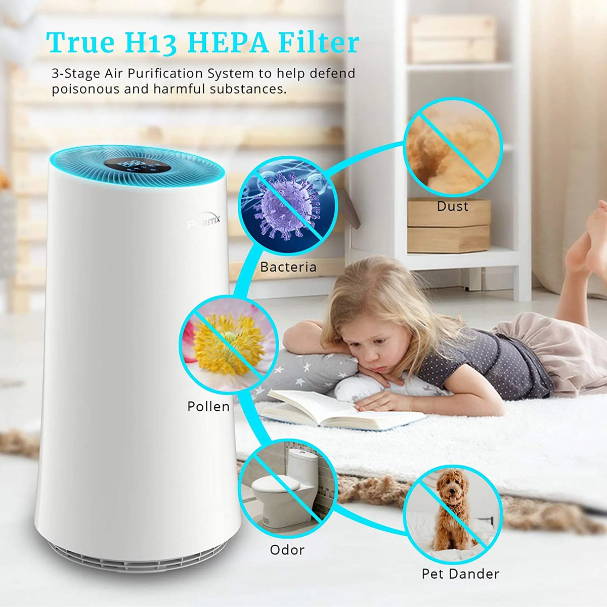 H13 True HEPA Air Purifier, Blue, 13*13*24 inch Y54917