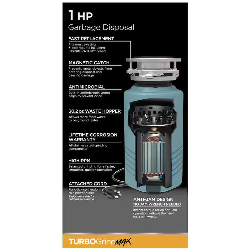 1 hp Continuous Feed Garbage Disposal with Power Cord I981406