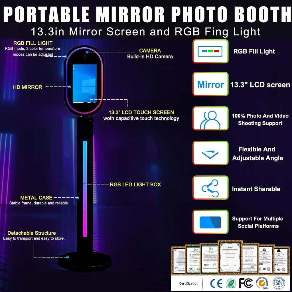 Black 13.3 In Portable Touch Mirror Photo Booth with Ring Light and Flight Case N406