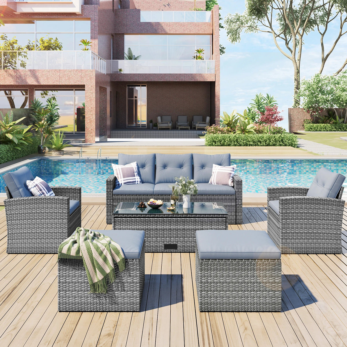 6Pcs All-Weather Wicker PE Rattan Patio Sectional Set with Coffee Table O517133