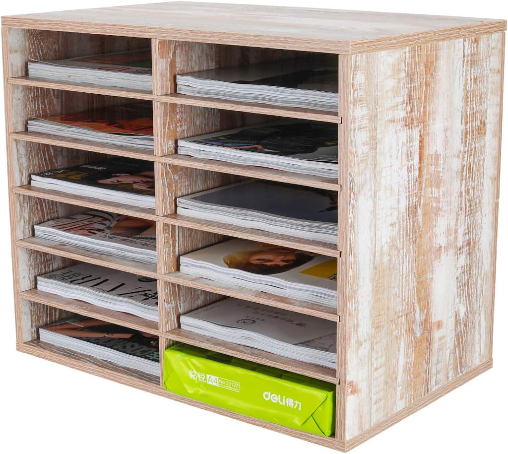 12 Compartments Black White Wood Desktop Literature Organizer E850