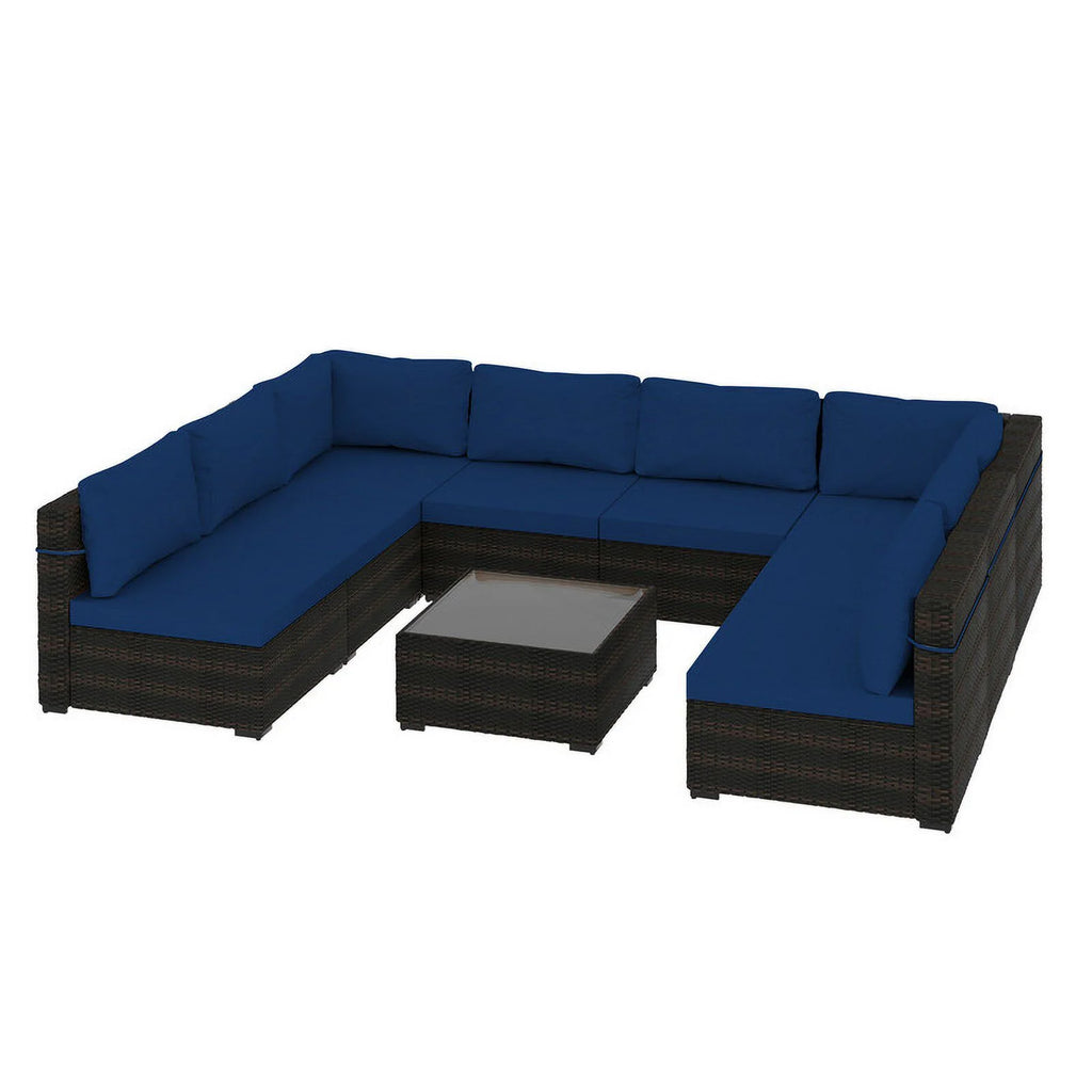 9 Piece PE Rattan Patio Furniture Set with Cushion and Glass Table T94074