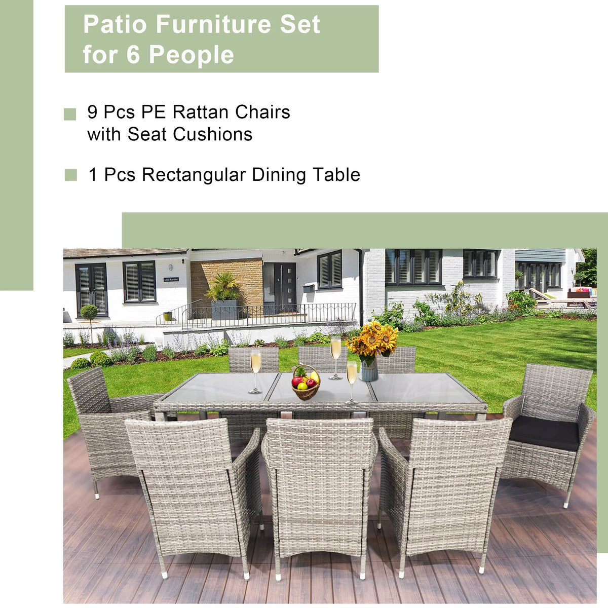 9 Pieces Wicker Outdoor Dining Set with Glass Tabletop and Cushioned Chairs H372307