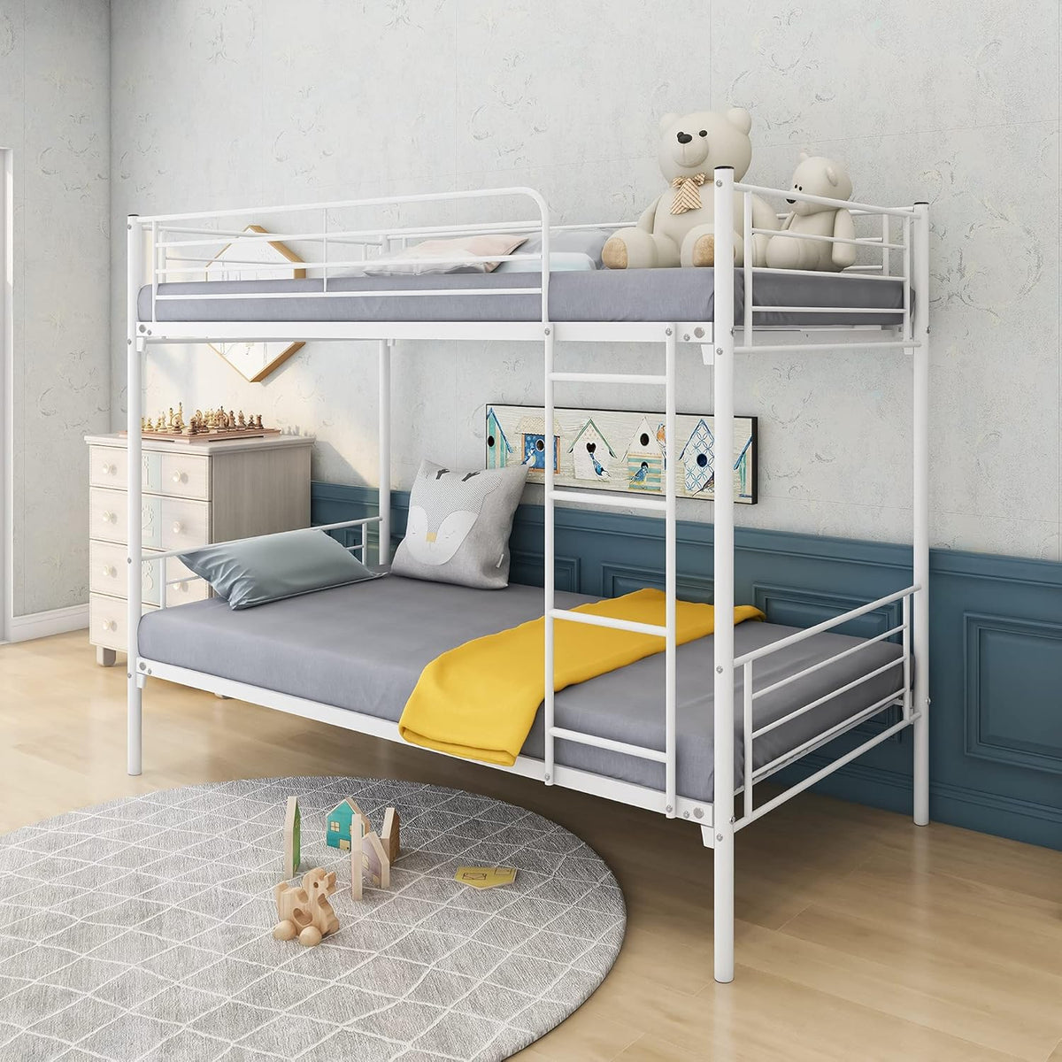 White Twin Over Twin Metal Bunk Bed Frame, Heavy Duty, Easy to Assemble I3266