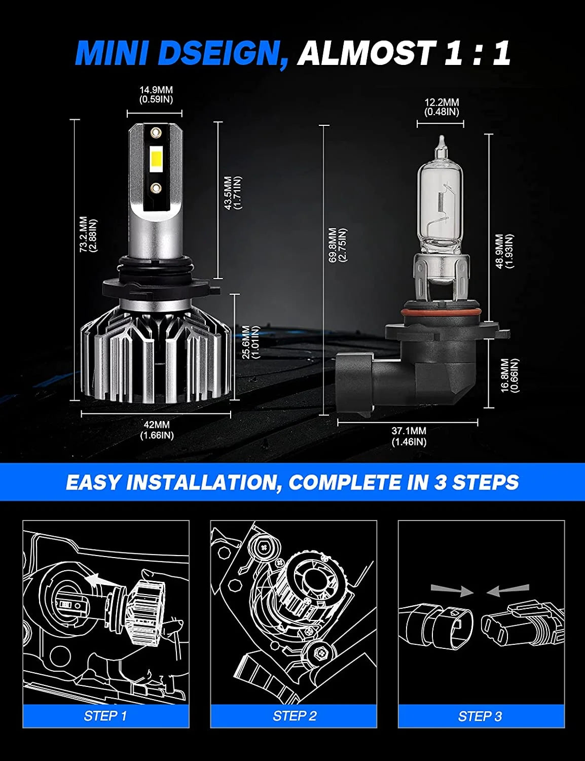 9005 9006 LED Headlight Bulbs Combo High and Low Beam 6500K Cool White P500702