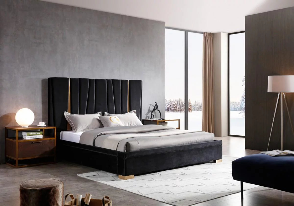 Black Velvet & Brass Queen Bed O70799