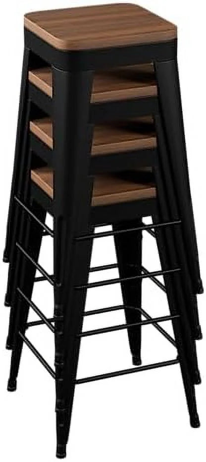 Set of 4 Metal Counter Height Stools with Back and Wooden Seat V556