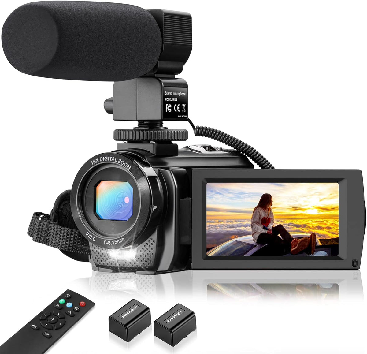 FHD 1080P 30FPS 24MP 3.0 Inch 270° Rotation Screen Video Camera Camcorder with Microphone, Remote Control, 2 Batteries X548