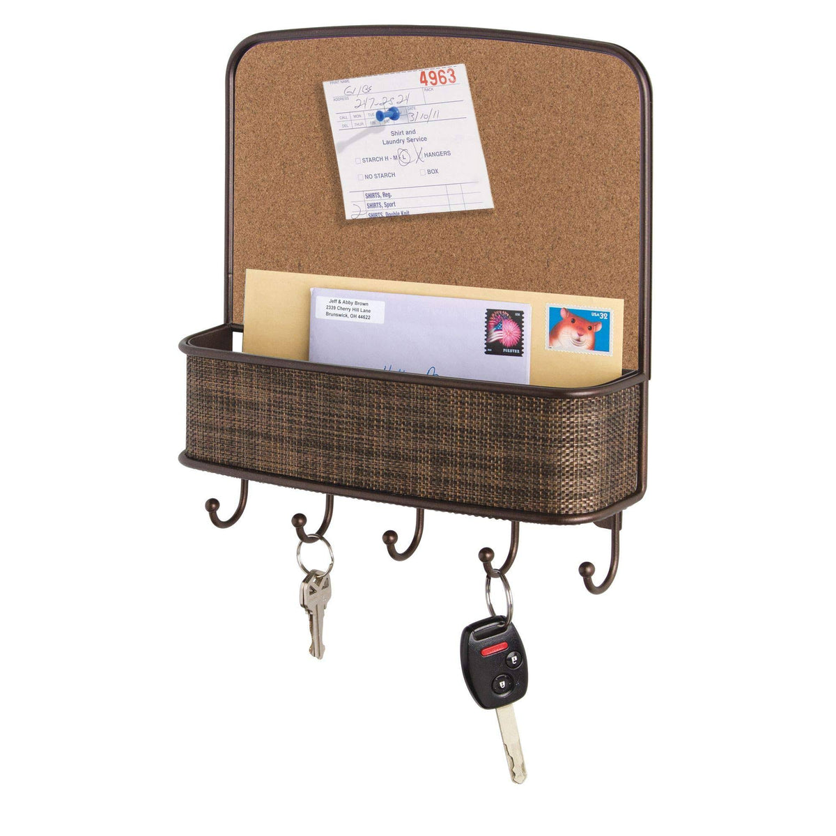 Metal Wall Mount Corkboard Key and Mail Rack 5-Hook Organizer Z3761
