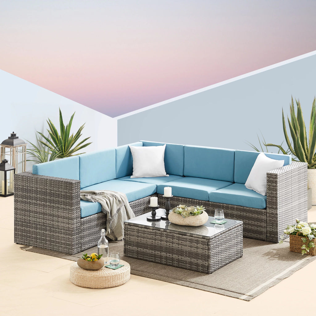 5 Pieces Rattan Wicker Outdoor Furniture Set with Glass Table U365