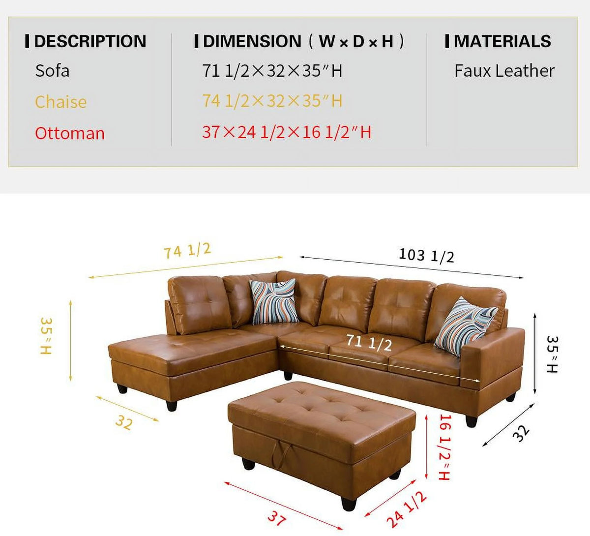 Caramel Leather Sectional Sofa with Storage Ottoman C301109