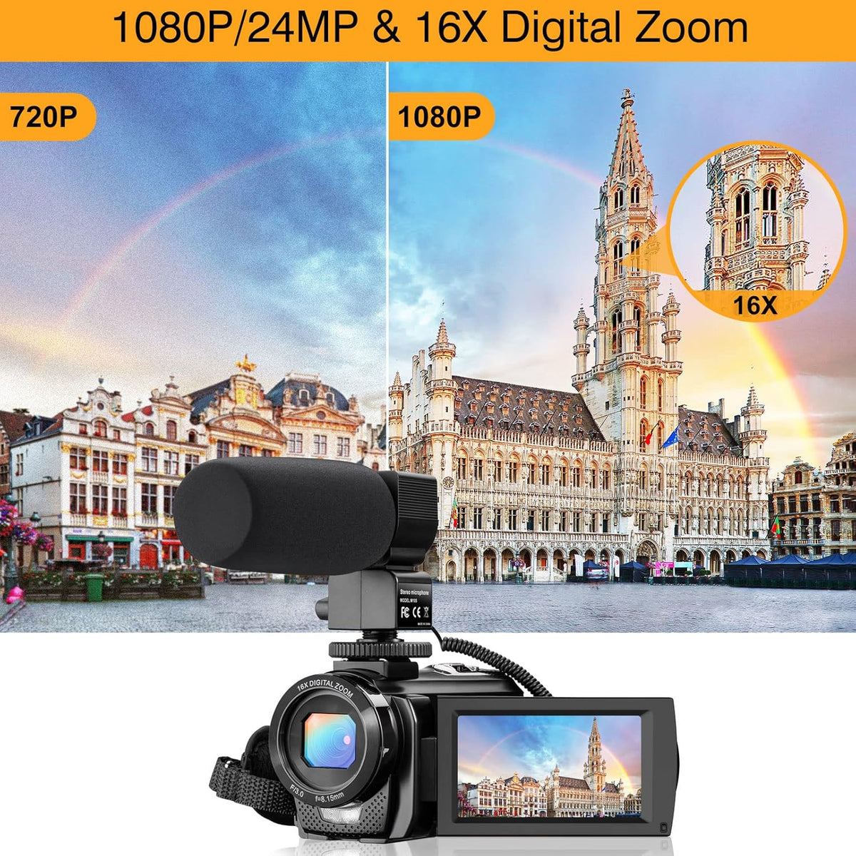 FHD 1080P 30FPS 24MP 3.0 Inch 270° Rotation Screen Video Camera Camcorder with Microphone, Remote Control, 2 Batteries X548