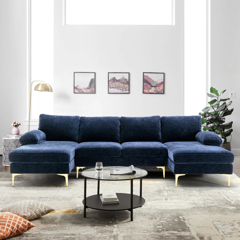 Navy Blue 4-piece U Shaped Fabric Sectional Sofa O53162