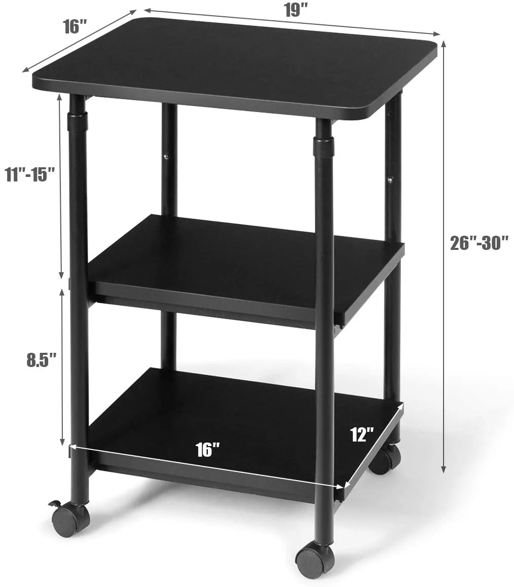 3-Tier Adjustable Rolling Printer Stand with 2 Storage Shelves A3810
