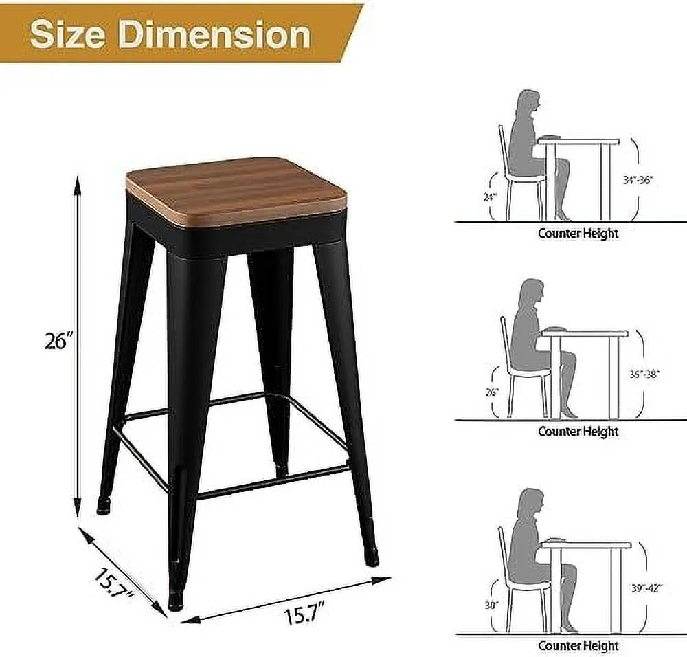 Set of 4 Metal Counter Height Stools with Back and Wooden Seat V556