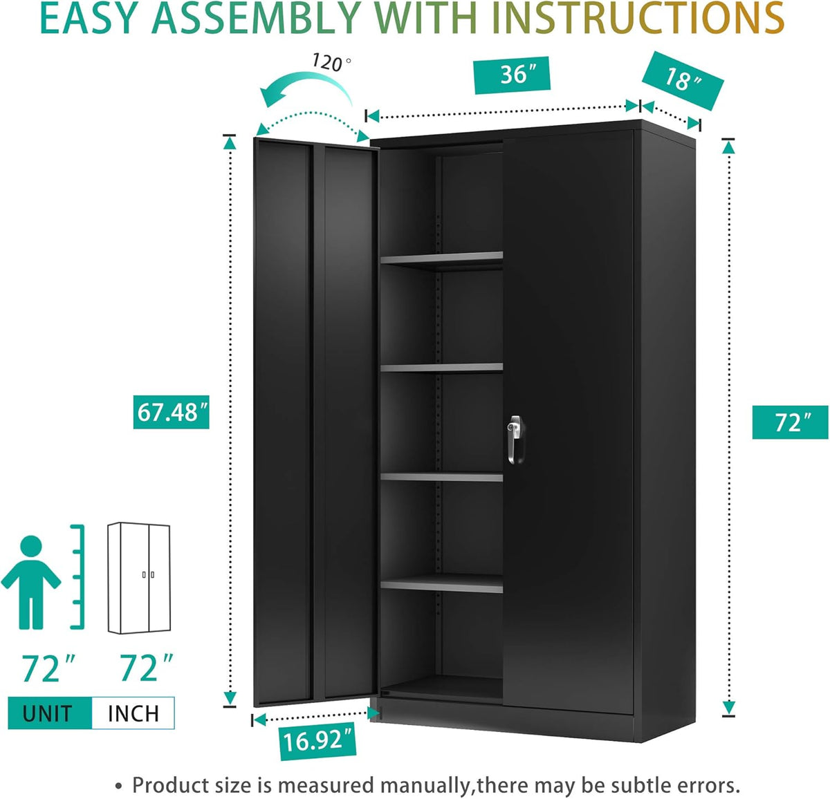 Black Steel Storage Cabinet with 2 Doors and 4 Adjustable Shelves Y334