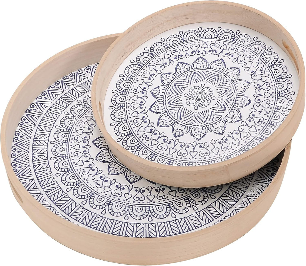 Set of 2 Round Wooden Serving Trays with Handles R133