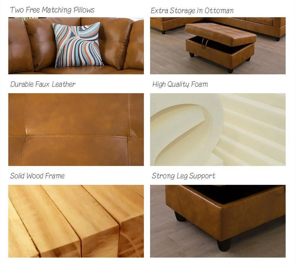 Caramel Leather Sectional Sofa with Storage Ottoman C301109