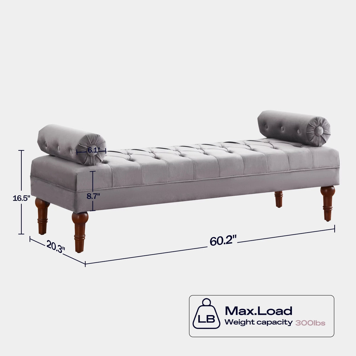 60.2 Inch Grey Tufted Upholstered Bench with 2 Pillows S170