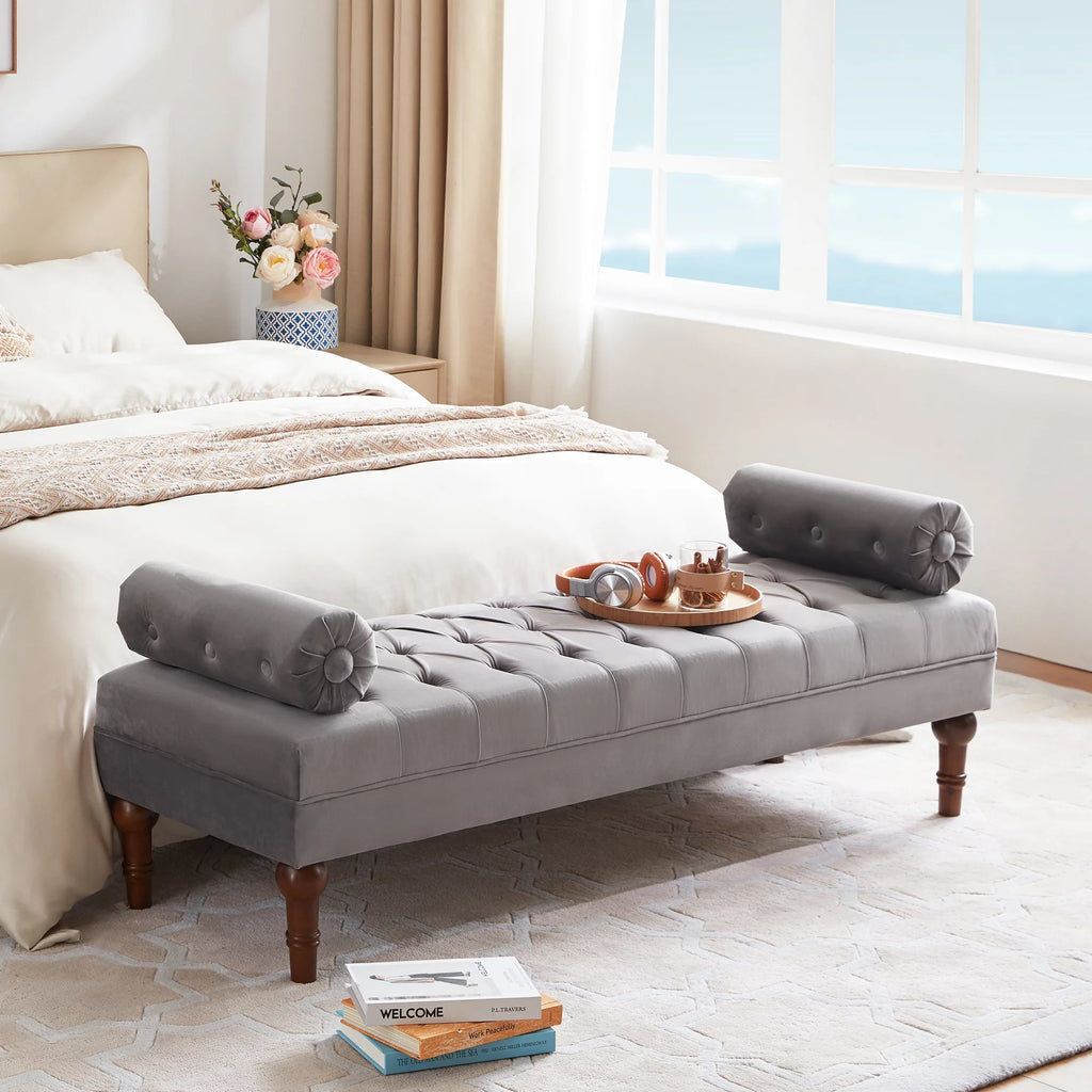 60.2 Inch Grey Tufted Upholstered Bench with 2 Pillows S170