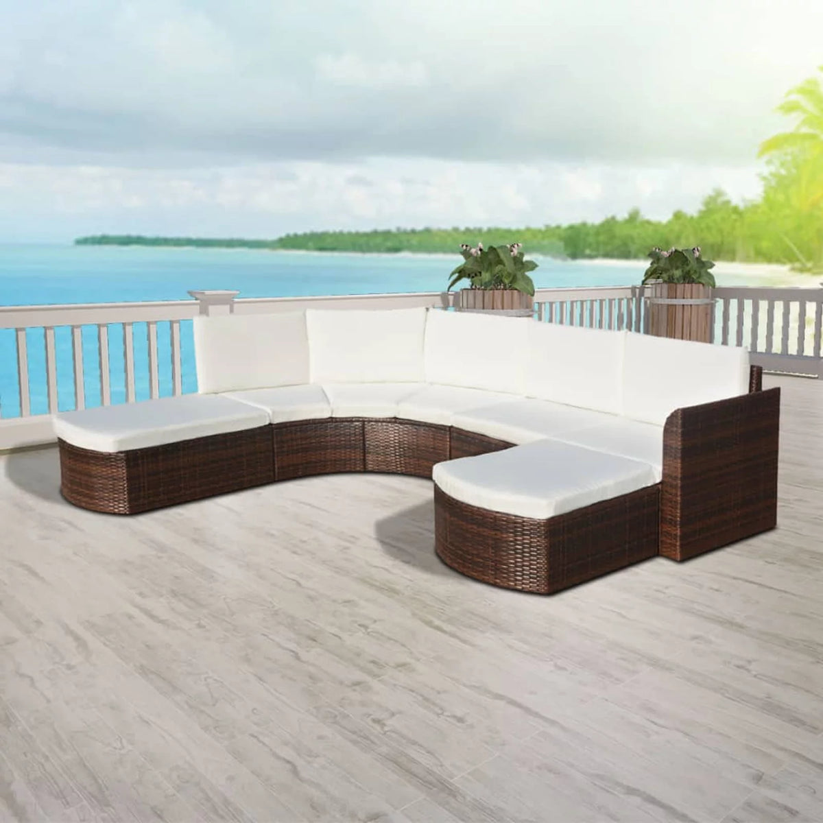 4 Piece Cushioned Corner Sofa with 2 Ottoman Brown Poly Rattan Outdoor Conversation Set S461