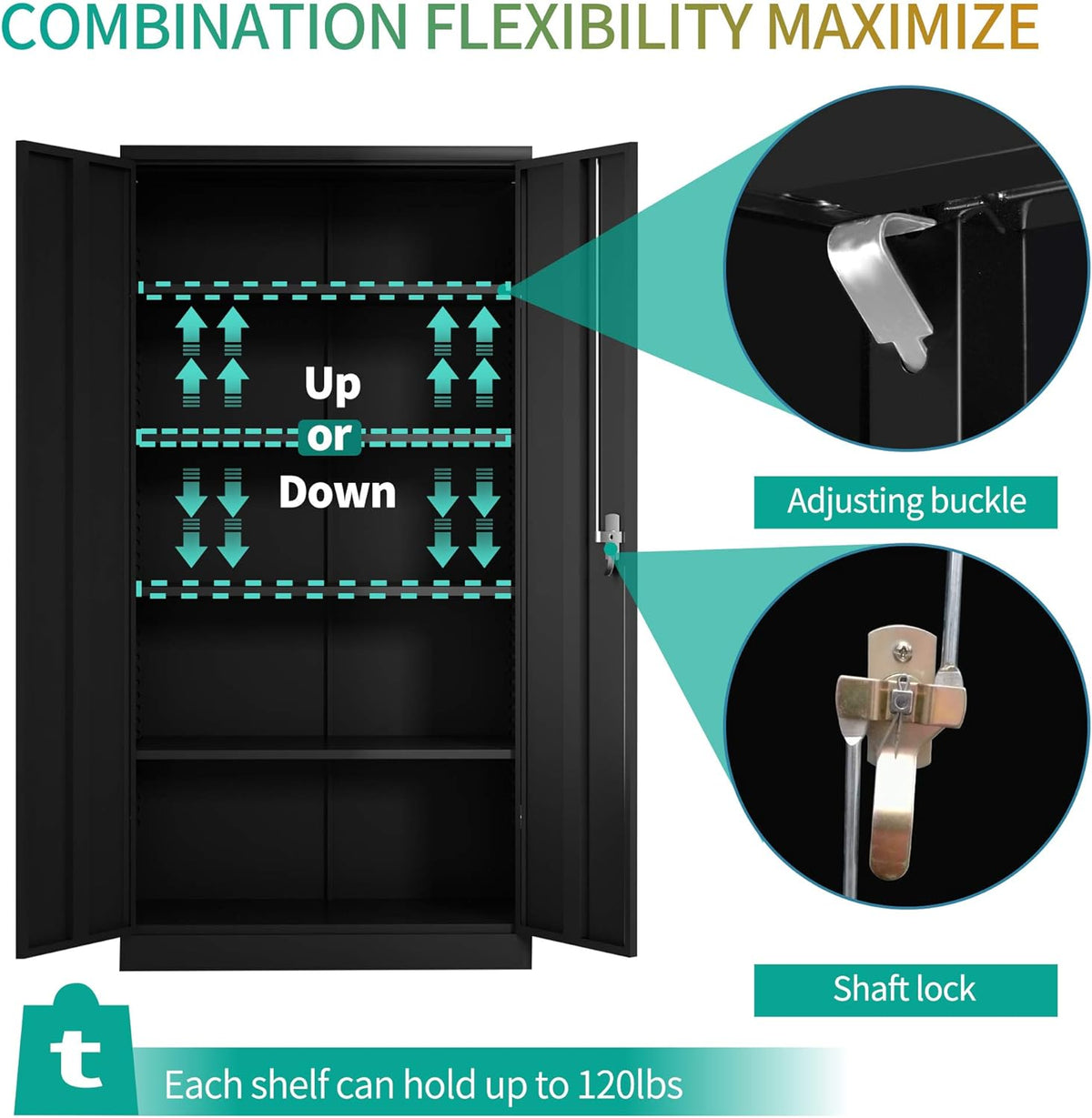 Black Steel Storage Cabinet with 2 Doors and 4 Adjustable Shelves Y334