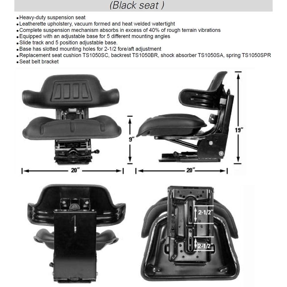 Black Universal Tractor Seat with Full Suspension and Adjustable Angle Base T377350