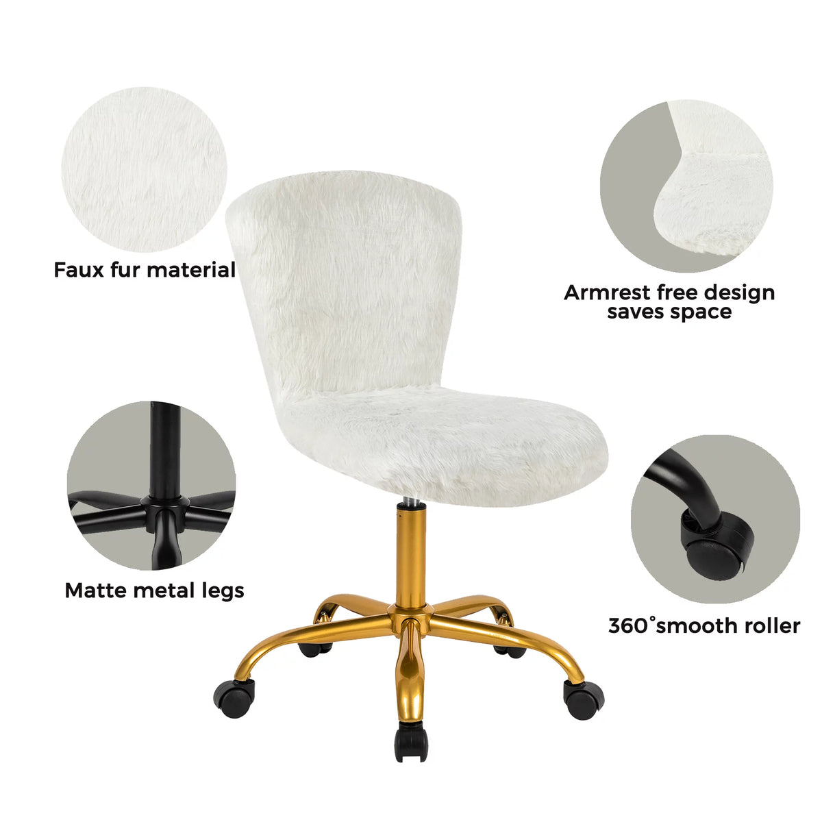 White Faux Fur Adjustable Swivel Vanity Chair K42173
