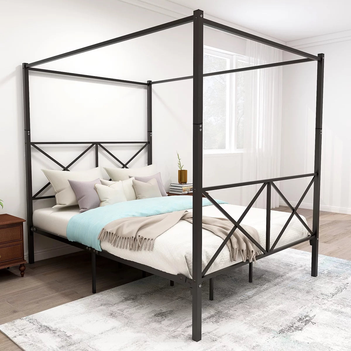 Queen Black Metal Canopy Platform Bed Frame P222398