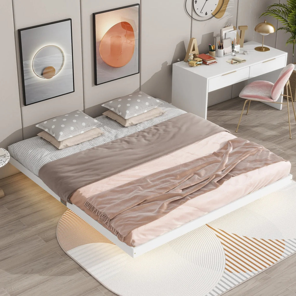 Full Size Grey Pinewood Floating Platform Bed with LED Lights X26070