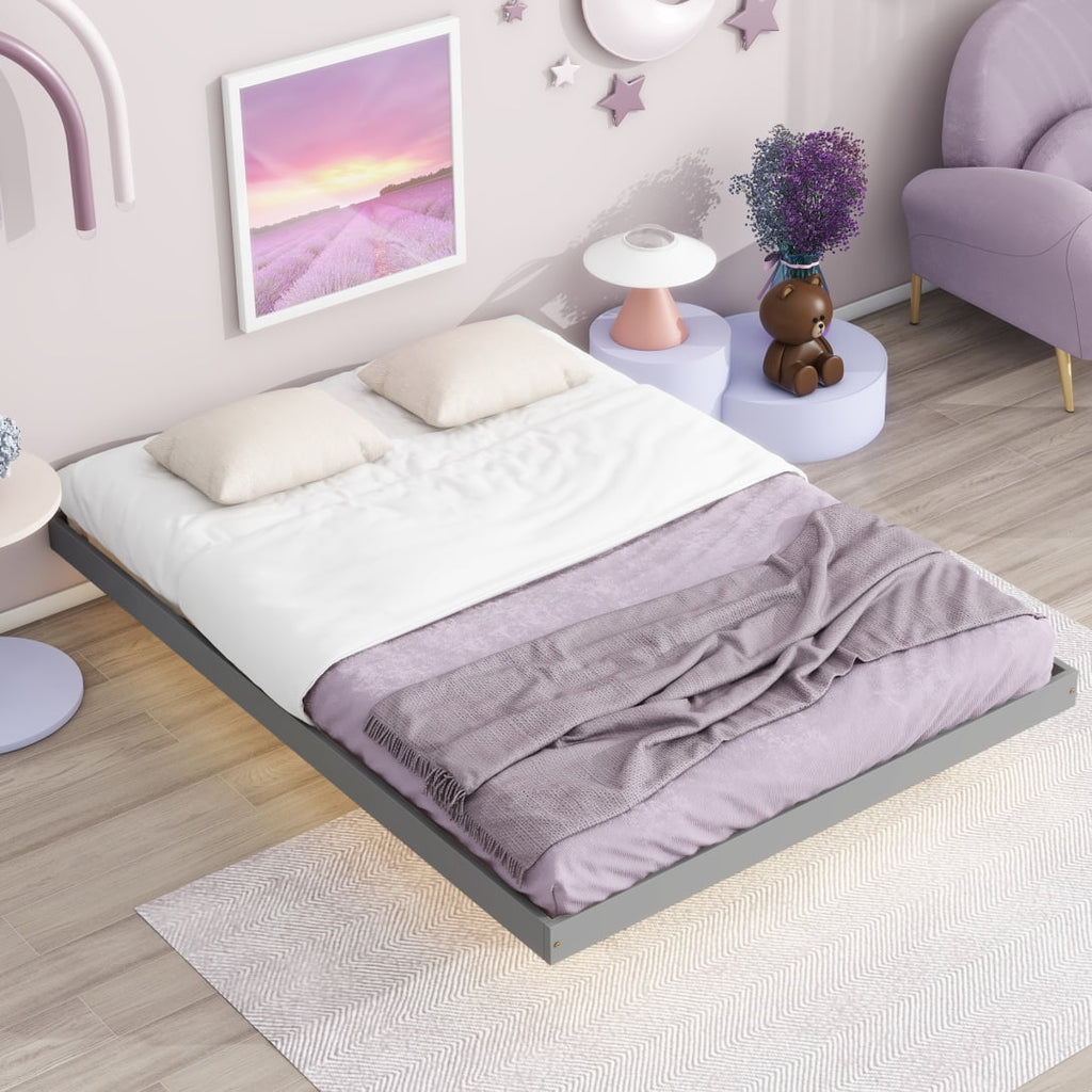 Full Size Grey Pinewood Floating Platform Bed with LED Lights X26070