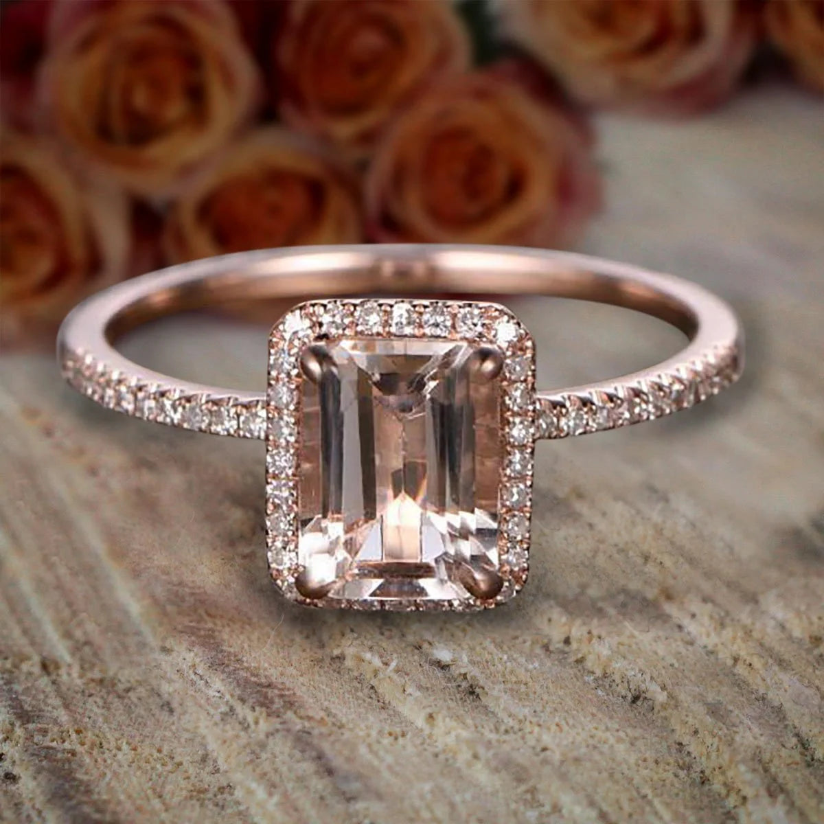 1.75 Carat Peach Pink Morganite Diamond Moissanite Halo Engagement Ring with 18k Gold Plating K57292